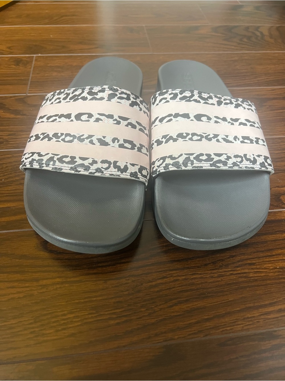 Adidas Women’s Slide Sandals in Gray with Pink Leopard Stripes